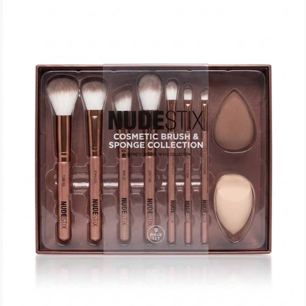 BNIB NUDESTIX 9 Piece Rose Gold Cosmetic Brush and Sponge Set